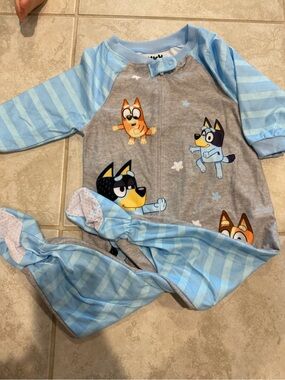 Light Blue Striped Baby Footie with Cartoon Bluey Characters
